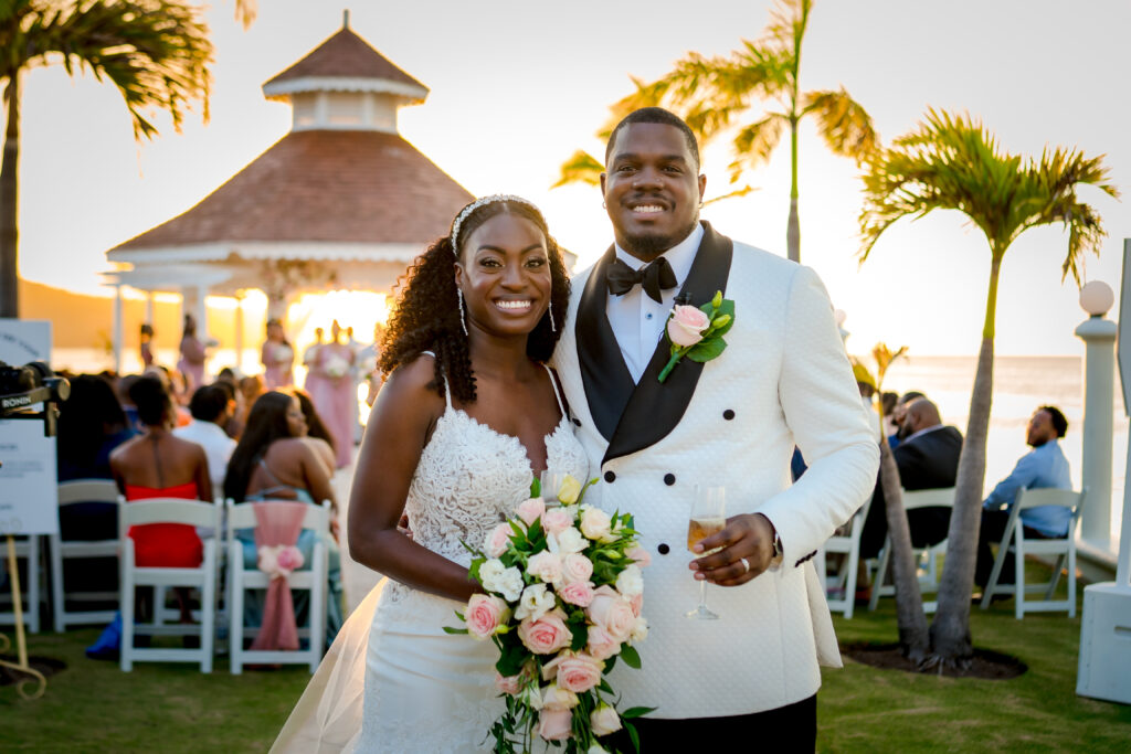 Tiffany and Andrew's big day featured an unforgettable beach wedding in Jamaica and a golden hour reception under the stars.