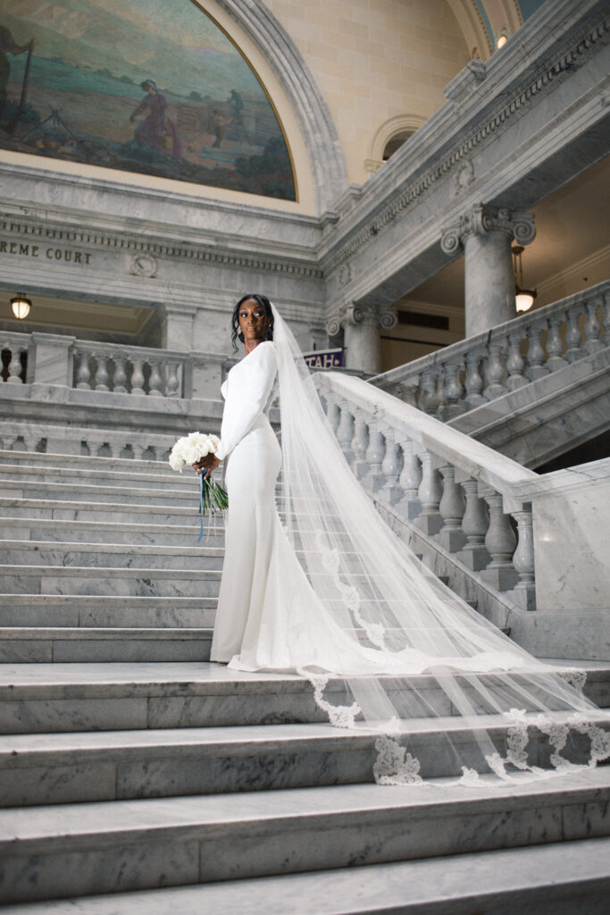 Ryan and Breanna's modern courthouse wedding had guests celebrating the stylish bride and groom on the salt flats of Utah.