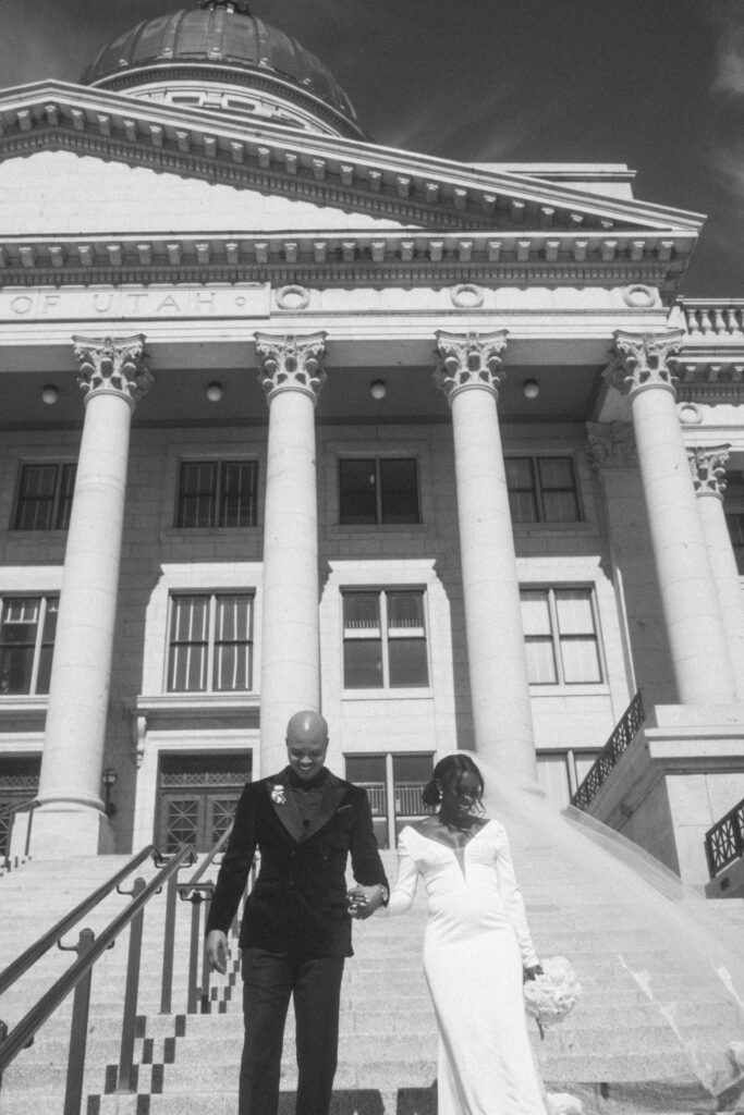 Ryan and Breanna's modern courthouse wedding had guests celebrating the stylish bride and groom on the salt flats of Utah.