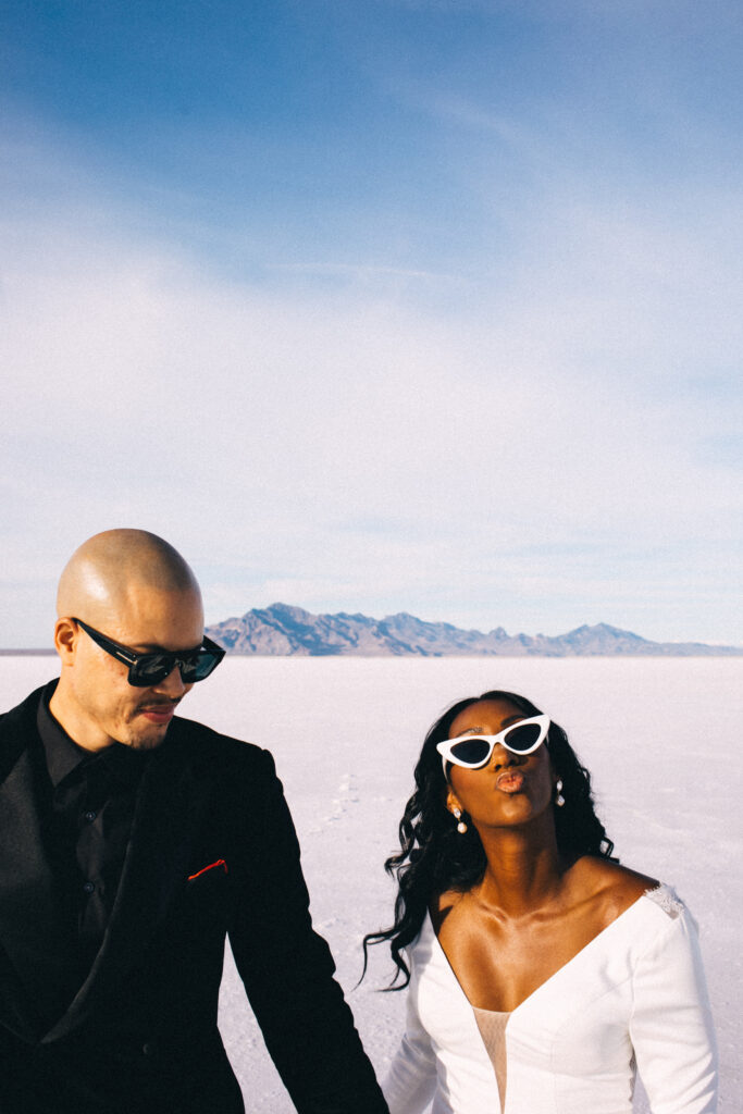 Ryan and Breanna's modern courthouse wedding had guests celebrating the stylish bride and groom on the salt flats of Utah.