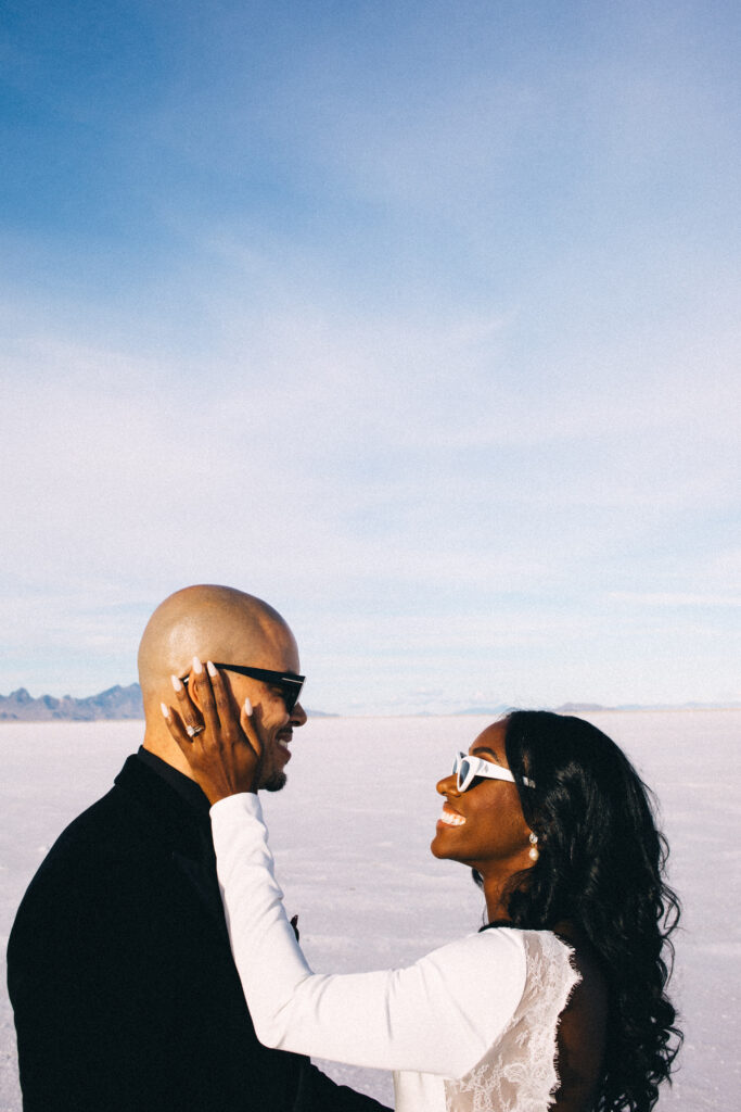 Ryan and Breanna's modern courthouse wedding had guests celebrating the stylish bride and groom on the salt flats of Utah.