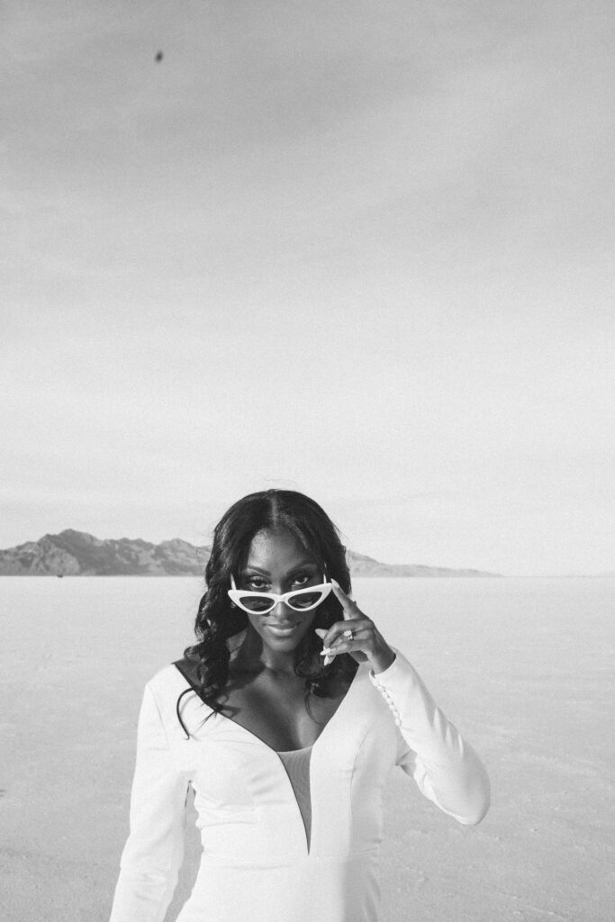 Ryan and Breanna's modern courthouse wedding had guests celebrating the stylish bride and groom on the salt flats of Utah.