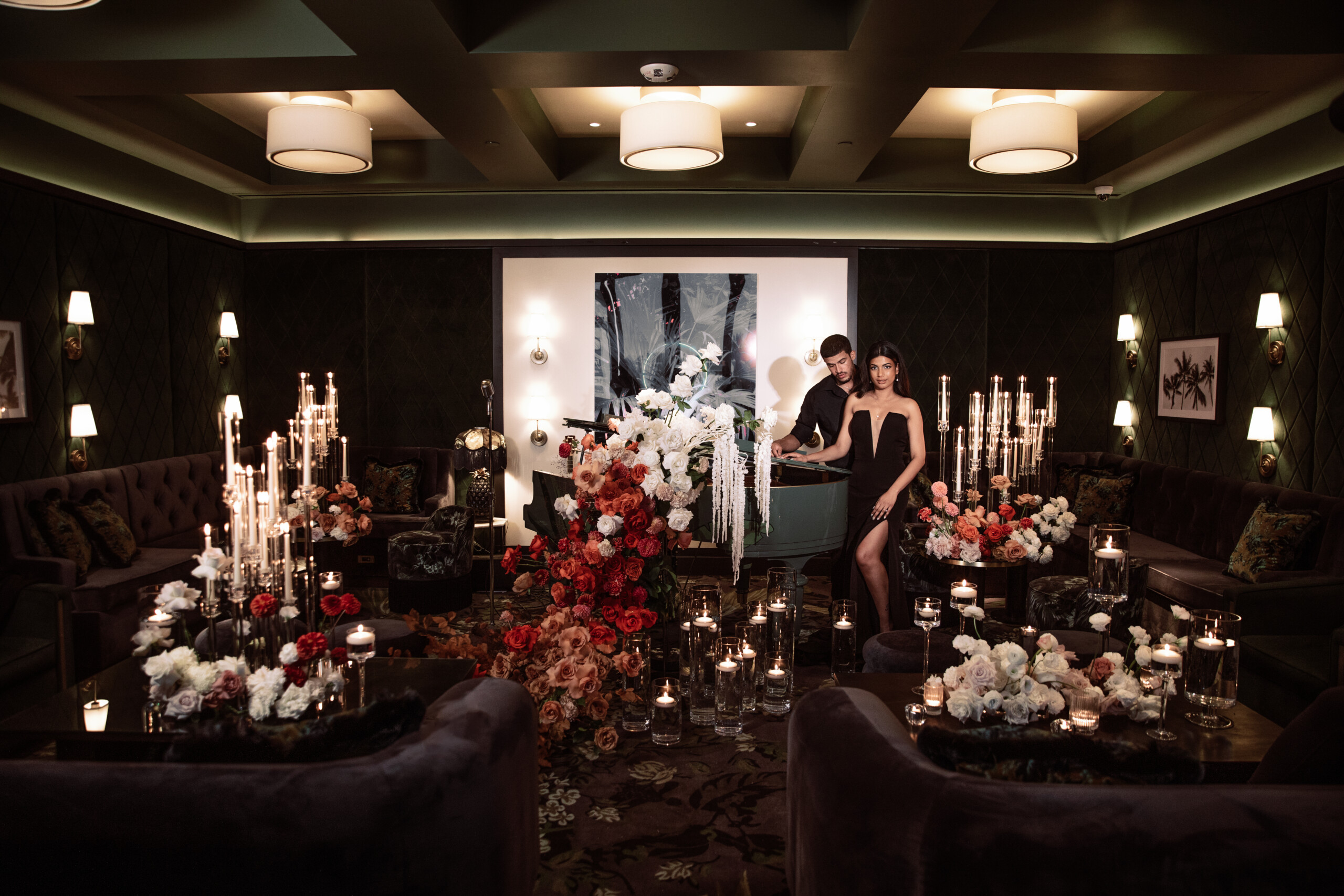 This Modern Speakeasy Styled Elopement Shoot Featured Dark & Moody Vibes With Opulent Candlit Florals