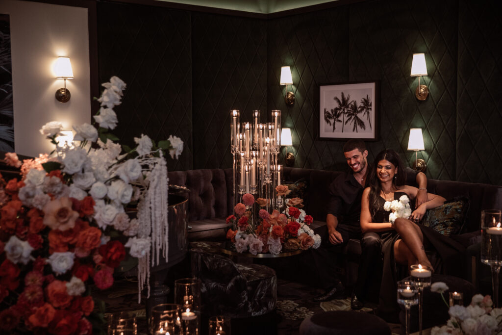 Dark & Moody vibes along with sexy candlelit florals were captured in this modern elopement shoot in Salt Lake City Utah