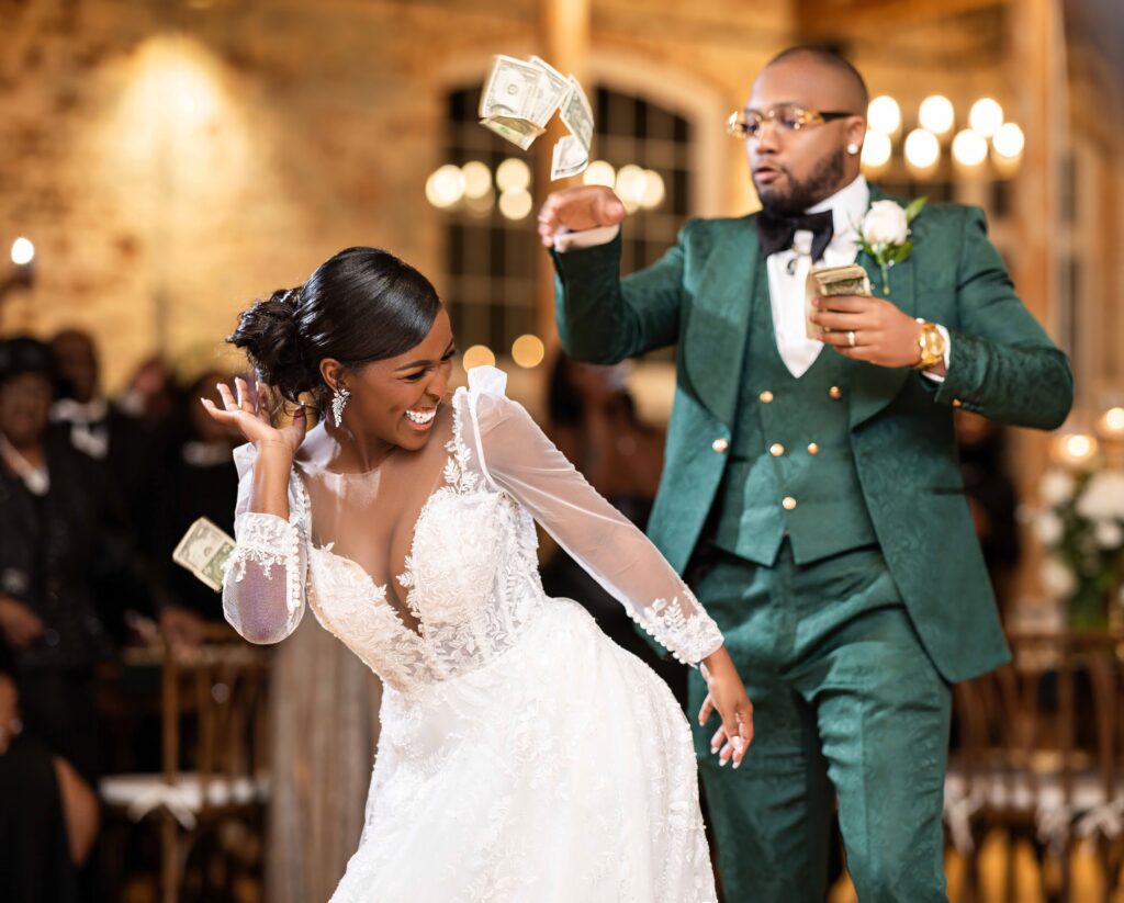 Rasmine and Tyrell's modern industrial wedding in South Carolina had luxe green and gold details and celebrated their southern heritage.