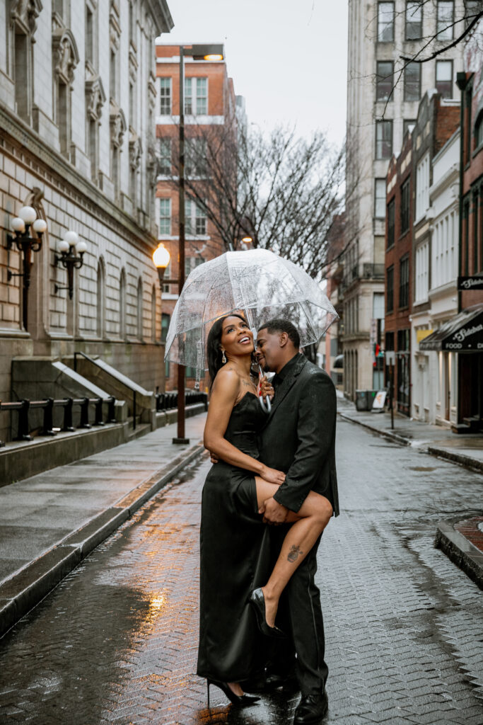 The rain didn't put a stop to Tanisha and Zachary's sexy and romantic outdoor engagement session set in downtown Atlanta.