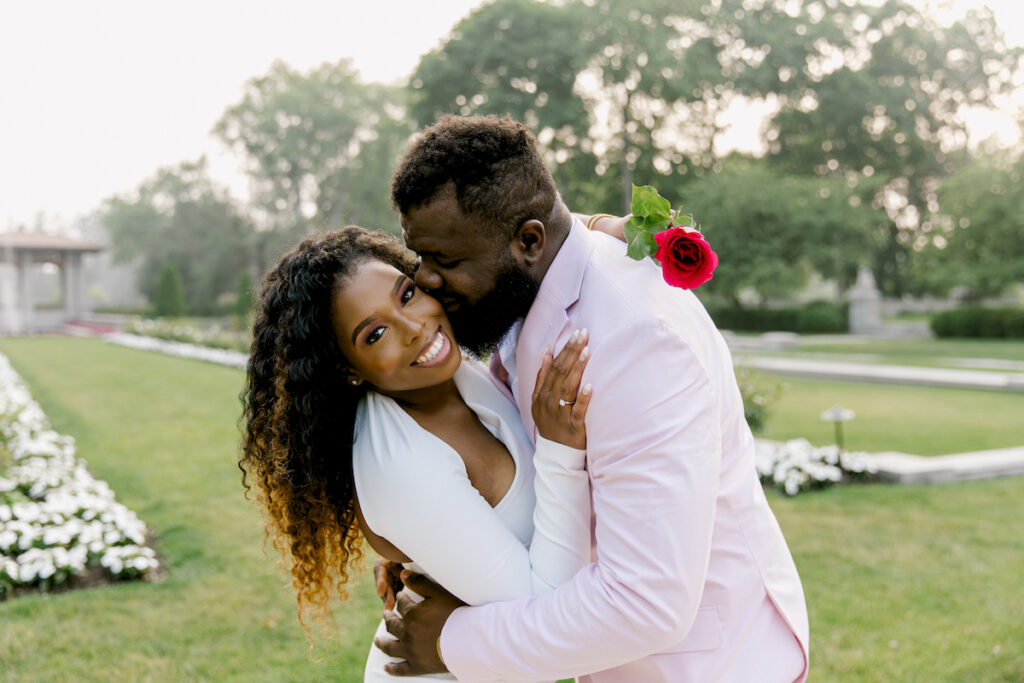 Michelle and Emeka had a romantic engagement session with cultural flair at the historical Italianate Armour House in Illinois!