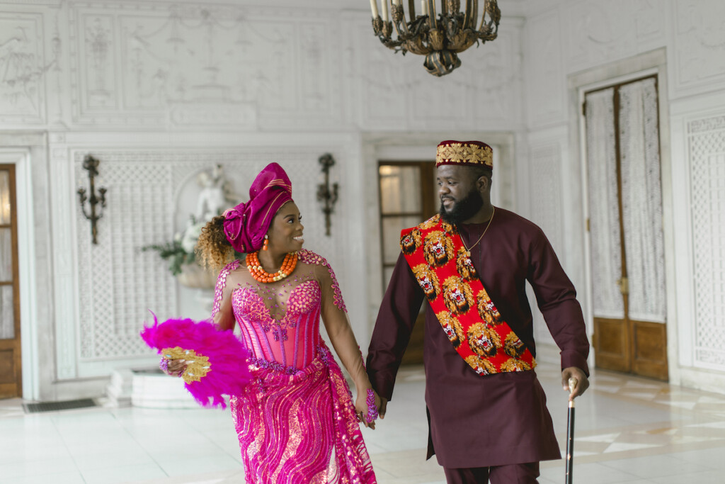 Michelle and Emeka had a romantic engagement session with cultural flair at the historical Italianate Armour House in Illinois!