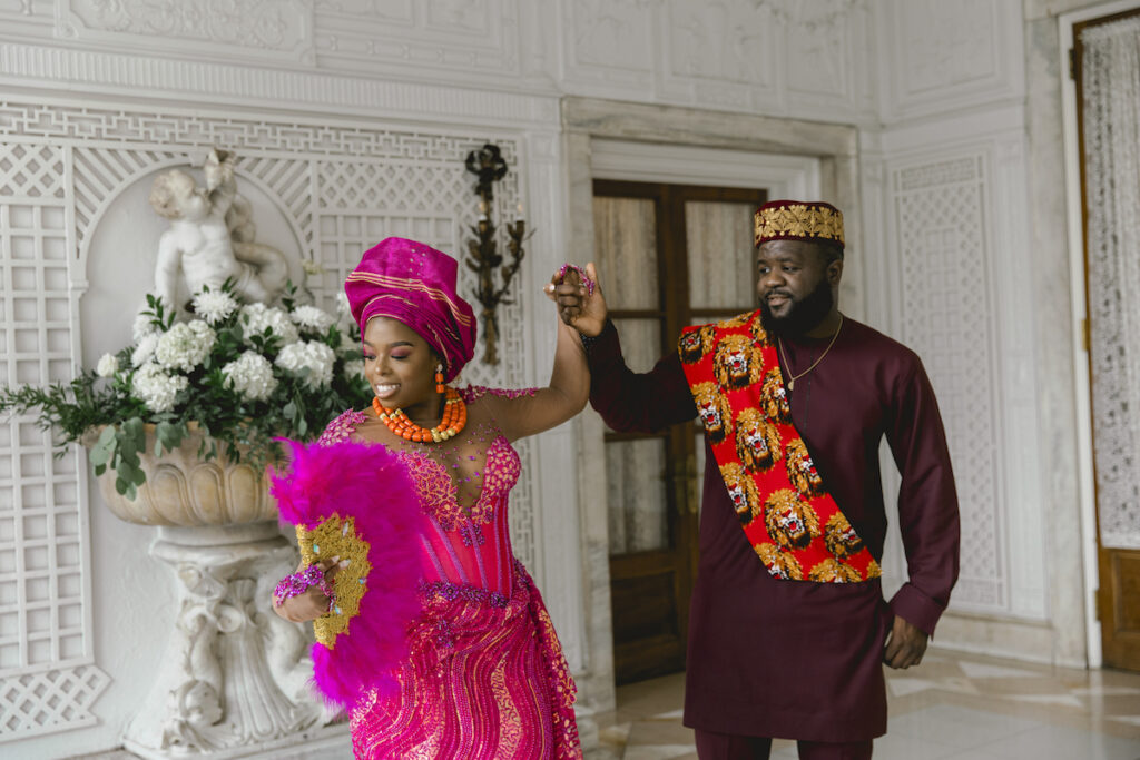 Michelle and Emeka had a romantic engagement session with cultural flair at the historical Italianate Armour House in Illinois!