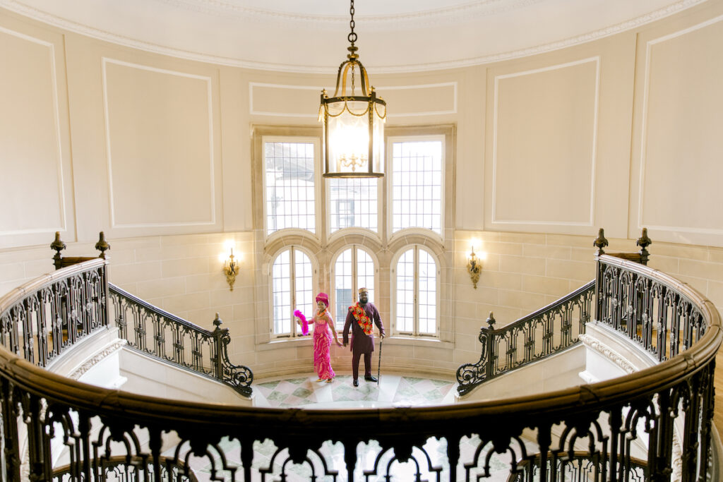 Michelle and Emeka had a romantic engagement session with cultural flair at the historical Italianate Armour House in Illinois!