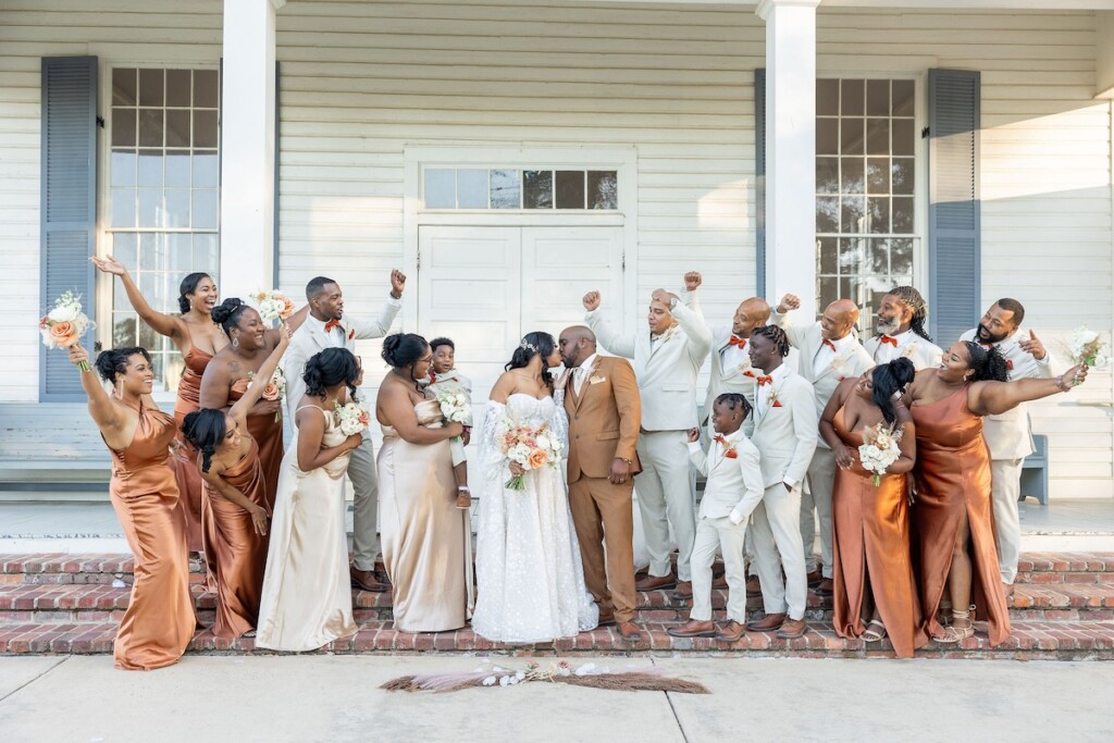 Rich fall hues of brown, auburn, and gold were seen throughout Ashley and Dee's intimate chapel wedding in Flora, Mississippi. 