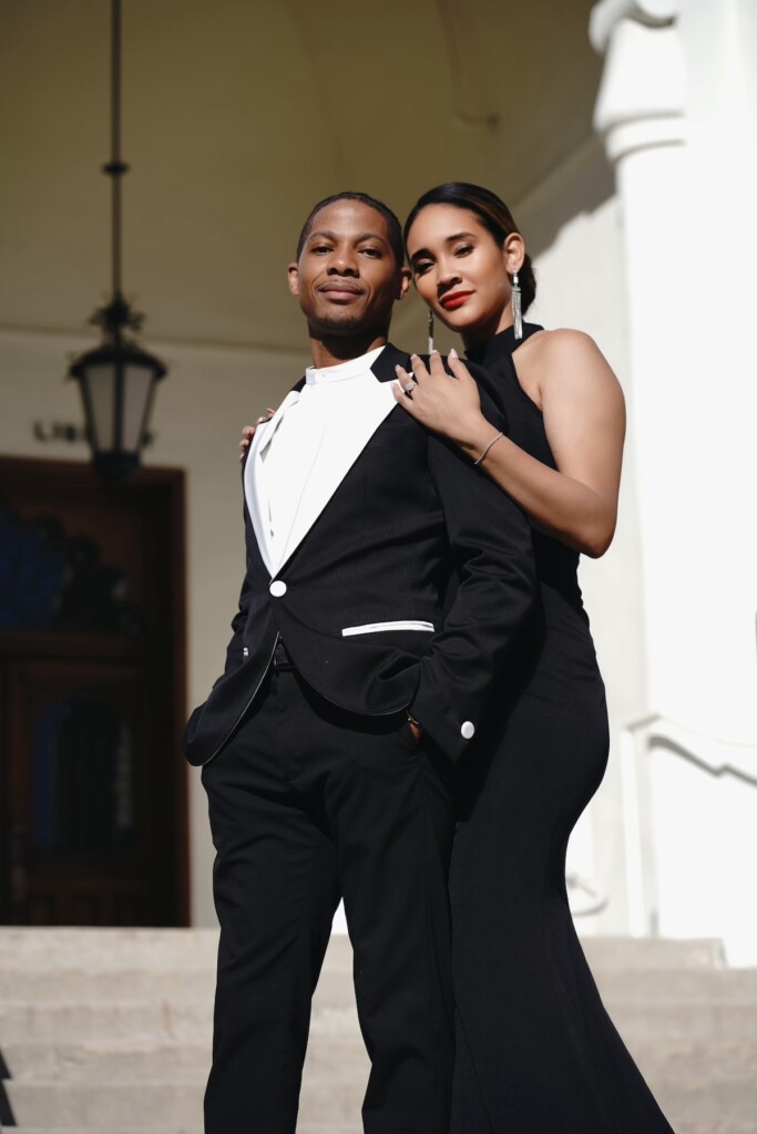 Heather and Terence celebrated their love with a classy black and white-themed engagement session at Brand Park in Glendale, California.