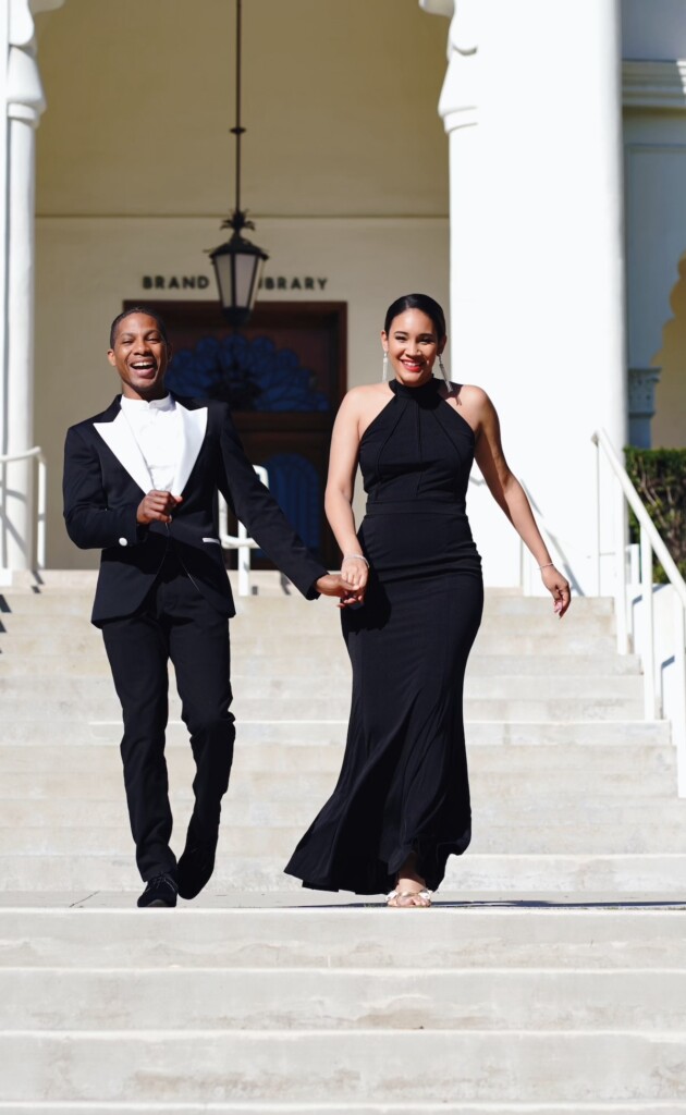 Heather and Terence celebrated their love with a classy black and white-themed engagement session at Brand Park in Glendale, California.