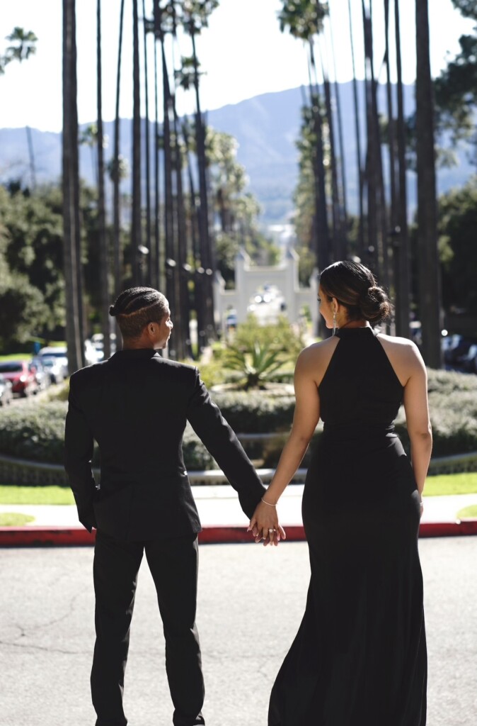 Heather and Terence celebrated their love with a classy black and white-themed engagement session at Brand Park in Glendale, California.