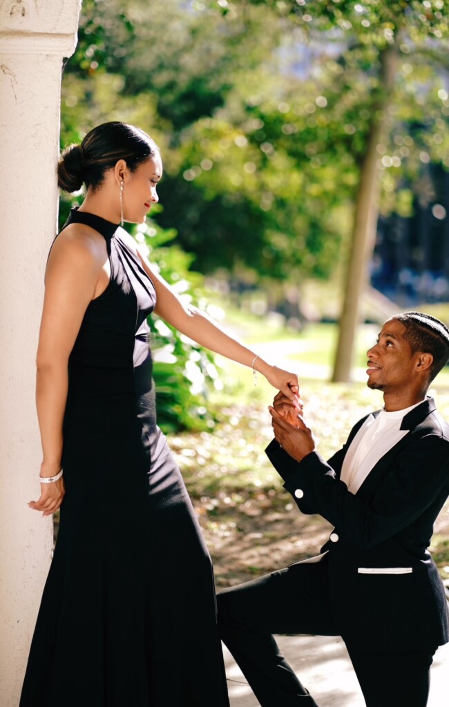 Heather and Terence celebrated their love with a classy black and white-themed engagement session at Brand Park in Glendale, California.