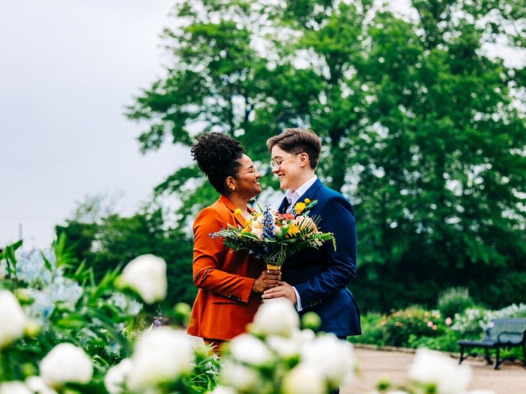 Sabina and Sabia celebrated their love as an LGBTQ+ couple in a colorful spring wedding with nostalgic retro charm throughout. 