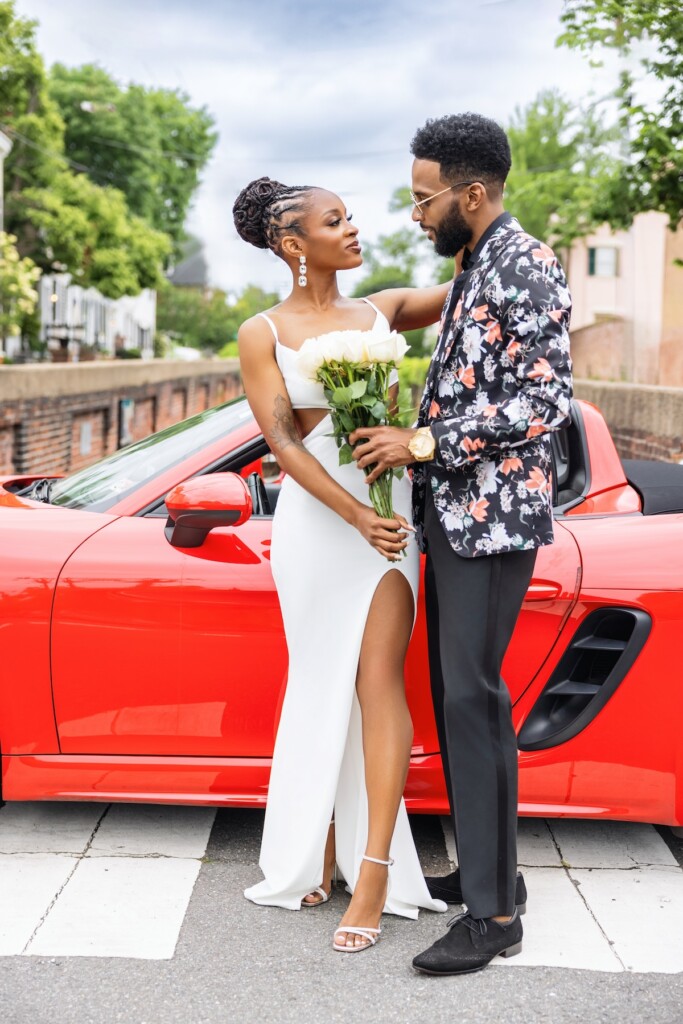 Brianna and Charles hit the town in style for their "Queen and Slim" themed engagement session in Old Town Alexandria, Virginia.