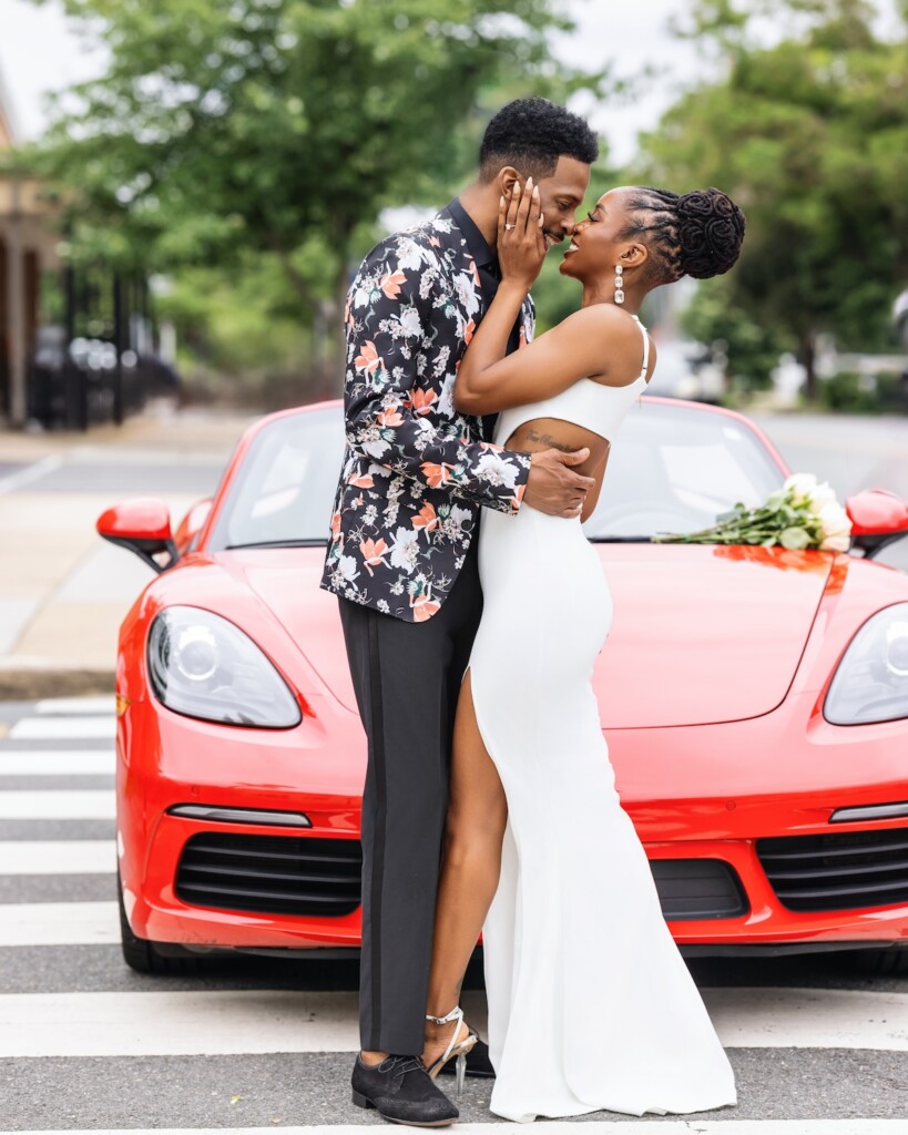 Brianna and Charles hit the town in style for their "Queen and Slim" themed engagement session in Old Town Alexandria, Virginia.