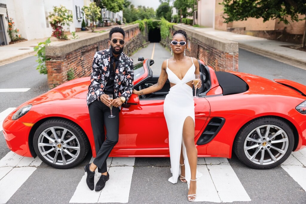 Brianna and Charles hit the town in style for their "Queen and Slim" themed engagement session in Old Town Alexandria, Virginia.