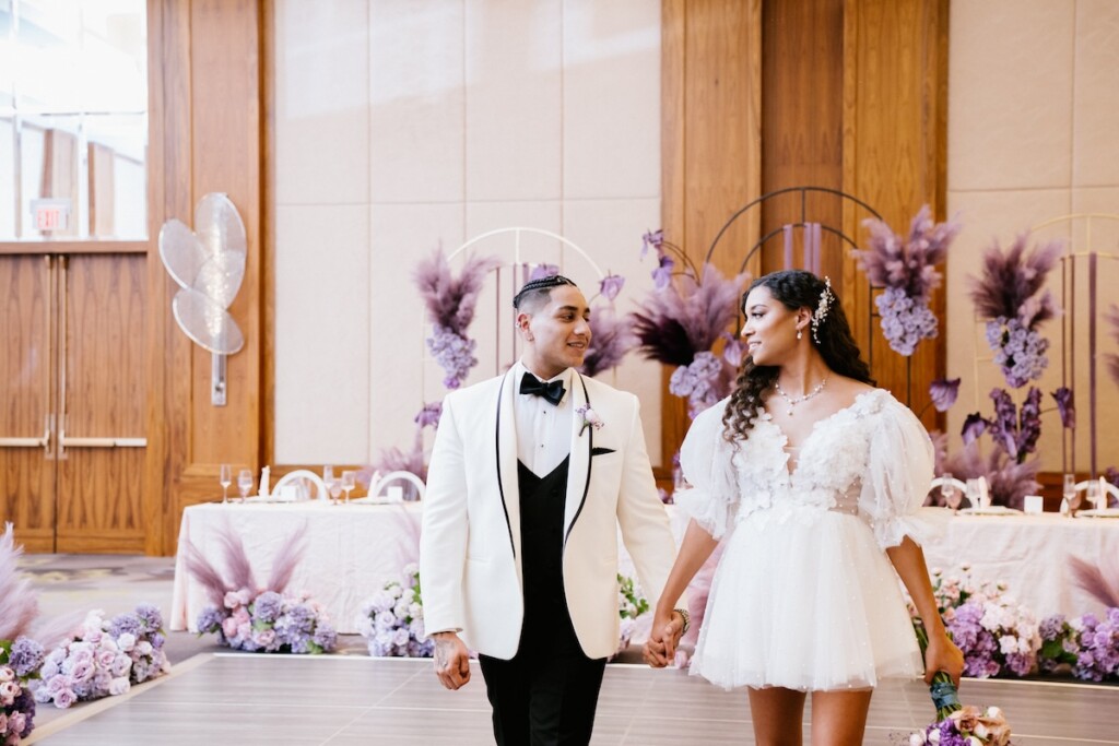 Featured in Issue 32, this "Rhythm and Romance" wedding editorial is a beautiful tribute to Motown elegance with purple florals and decor.