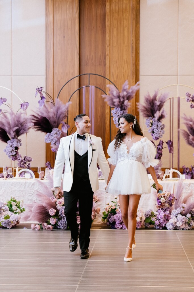 Featured in Issue 32, this "Rhythm and Romance" wedding editorial is a beautiful tribute to Motown elegance with purple florals and decor.