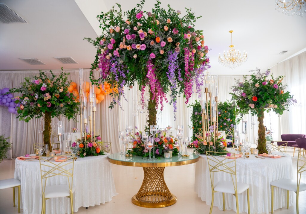 Behind The Veil Academy by Larger Than Life Events presents an enchanted garden wedding with fuzzy peach decor details, florals, and balloons.