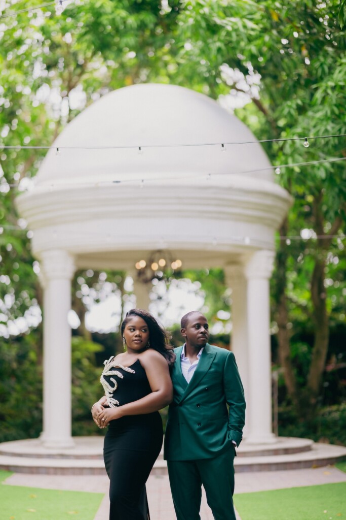 It all started with "hello" for Naneka and Scott who celebrated their recent engagement in a stylish garden glamour photo shoot at the Villa Toscana  Miami.