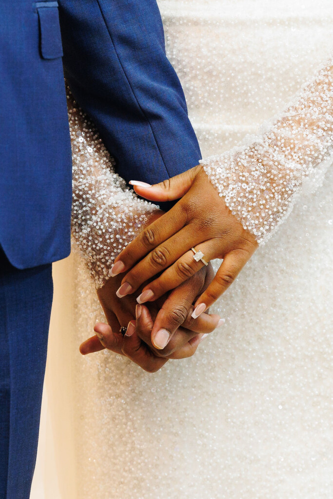 Tonasha and Brandon celebrated their love in a beautiful chic wedding with soft pink and mauve hues, touches of blue, and gold decor details.