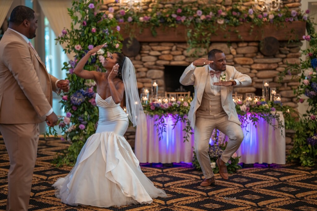 Khrystina and Ray's luxury golf resort wedding on Lake Norman featured bright pastels, vibrant florals, and regal dining room reception decor.