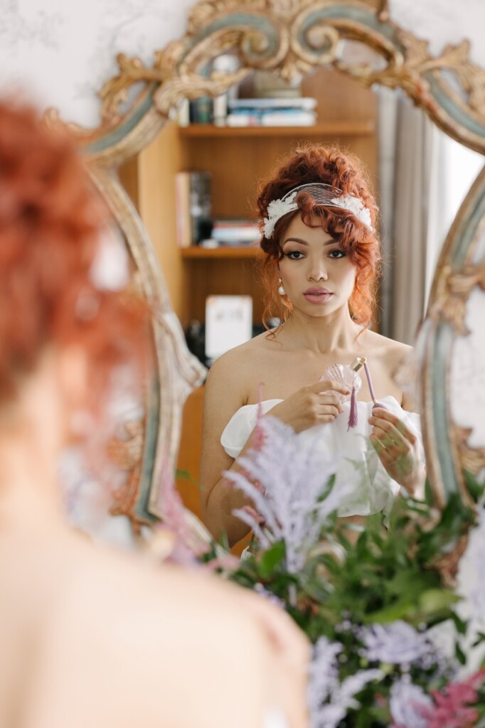 Lavender and peach hues with geometric details star in this "object d'Art" styled shoot inspired by the iconic vision of Lagerfeld.