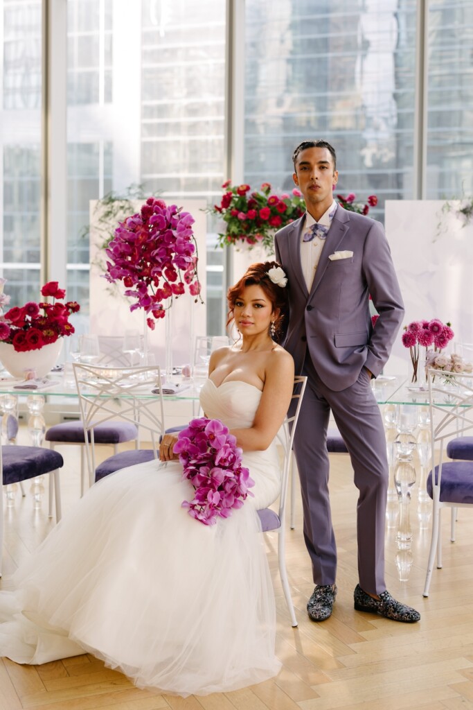 Lavender and peach hues with geometric details star in this "object d'Art" styled shoot inspired by the iconic vision of Lagerfeld.