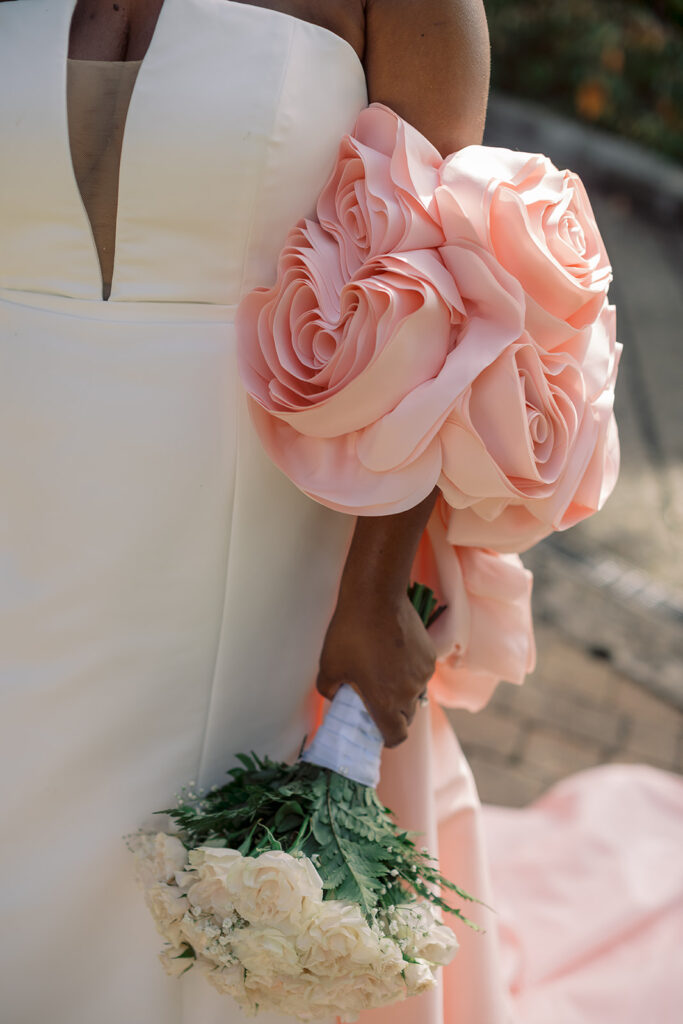 Krystal and Alonzo’s dreamy tropical garden wedding in Marigot Bay, St. Lucia features custom fashion and romantic pink blooms!