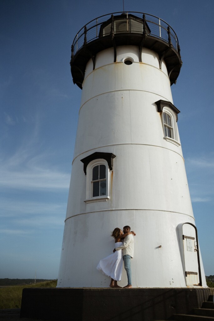 Nia and Cameron found love through a series of fortunate events. They celebrated with a romantic engagement shoot at Edgartown Lighthouse.