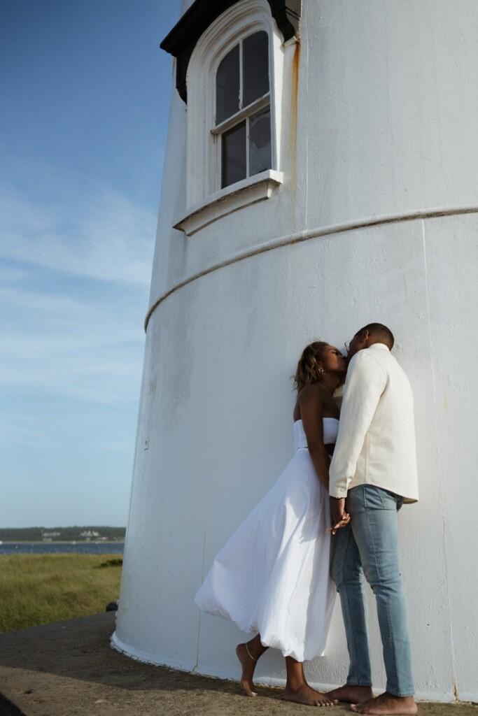 Nia and Cameron found love through a series of fortunate events. They celebrated with a romantic engagement shoot at Edgartown Lighthouse.